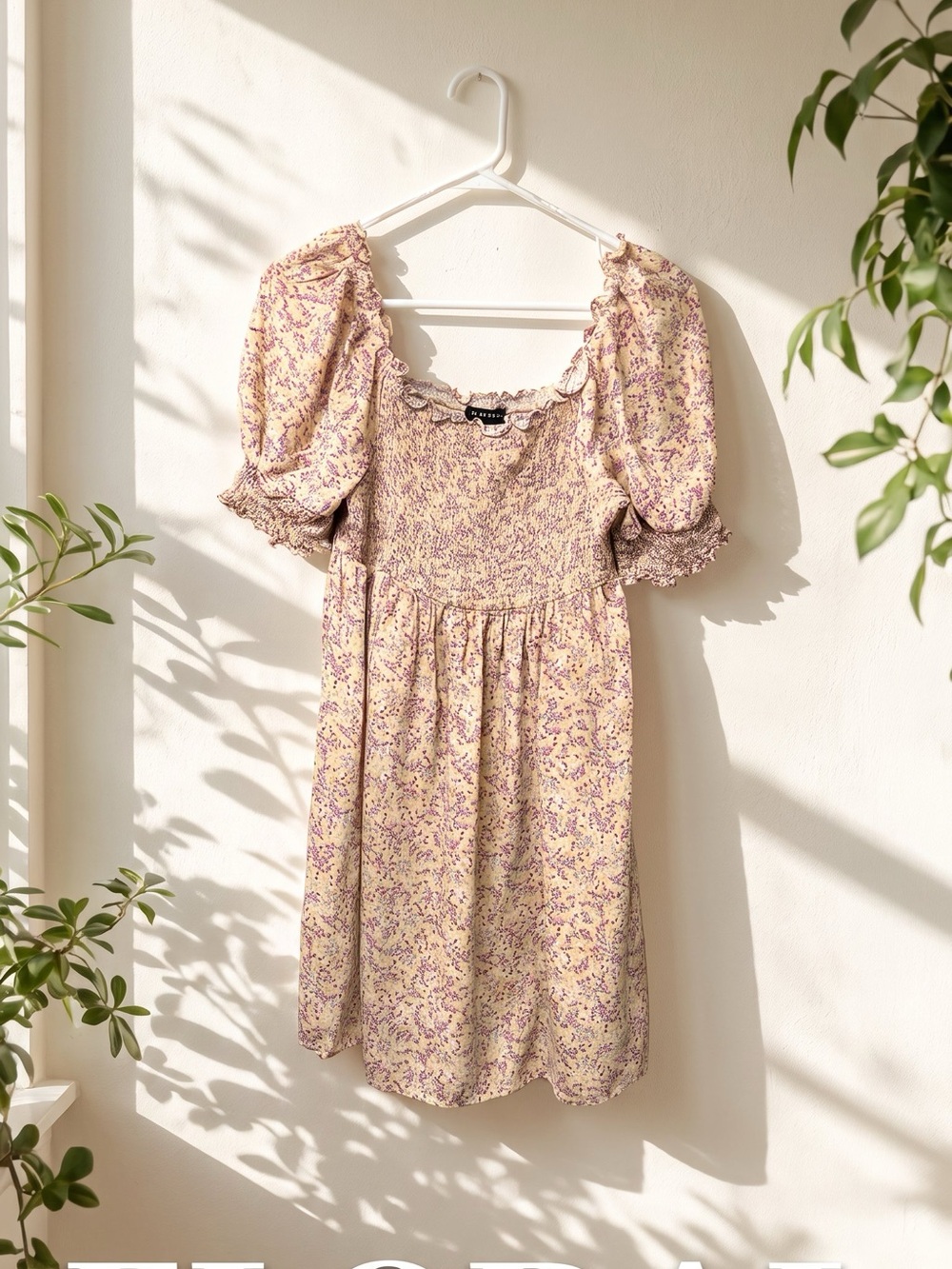 As U Wish Pastel Yellow Mini Dress with Lavender Floral Print